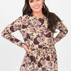 Agnes & Dora Relaxed Ruffle Top Long Sleeve Taupe Mauve Floral Size Sm (4-6) NWT